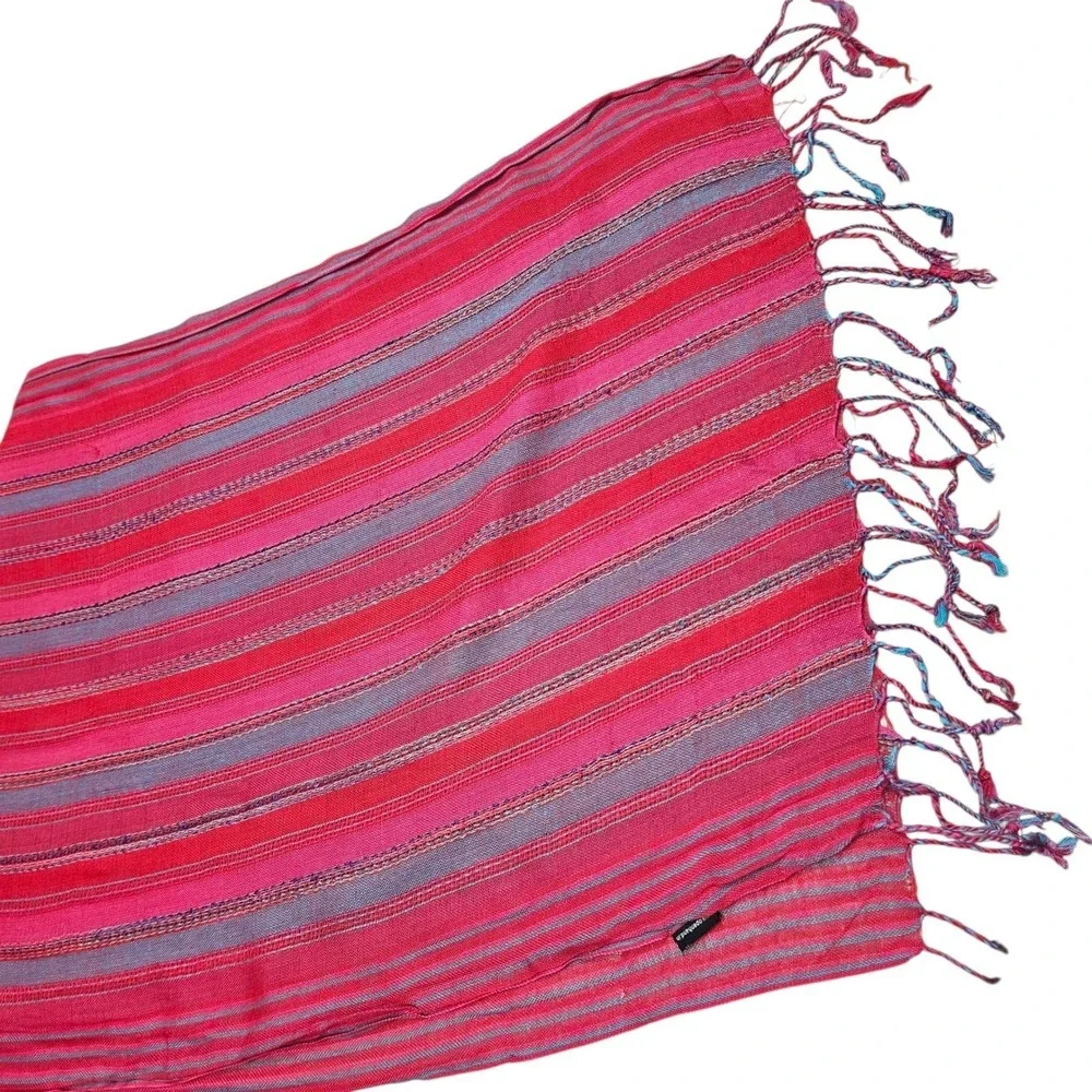 Open Hand India Pink Blue Striped Scarf‎ Tassels Lightweight Woven